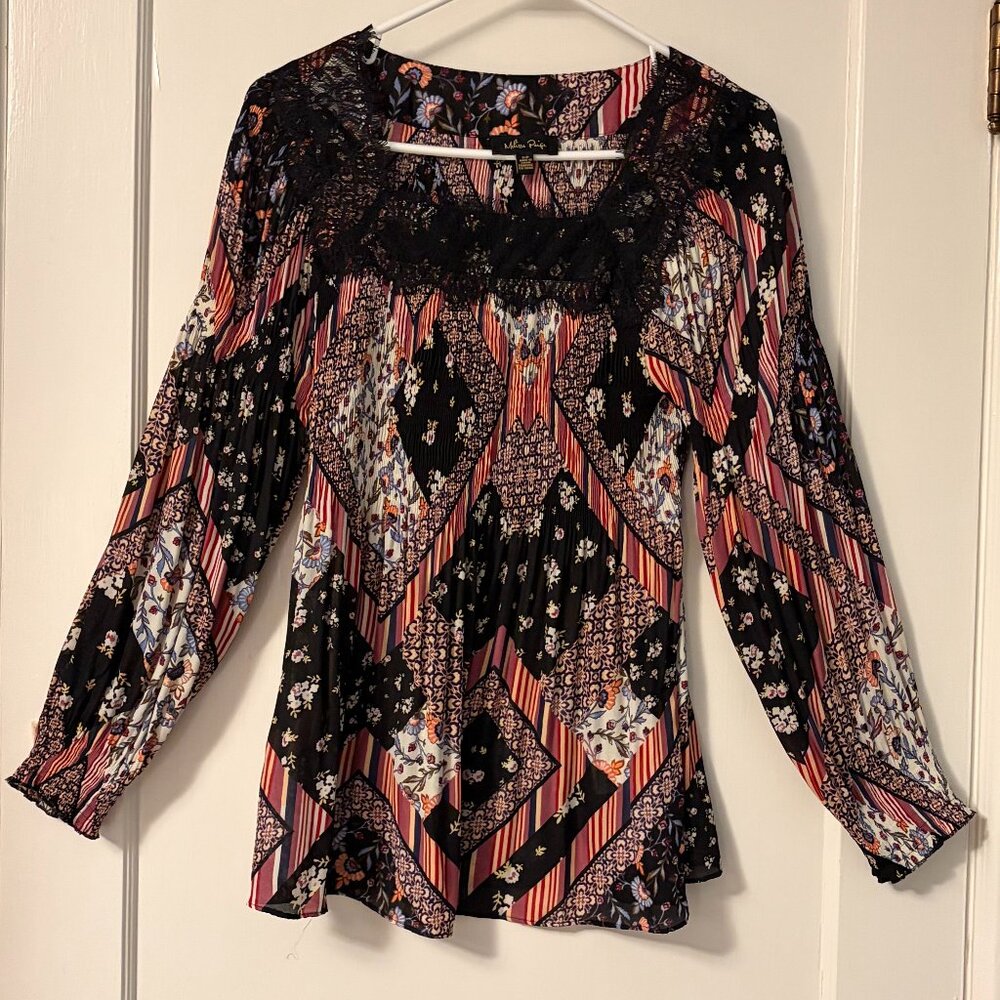 Melissa Paige blouse size small patchwork print square neck lace trim boho
